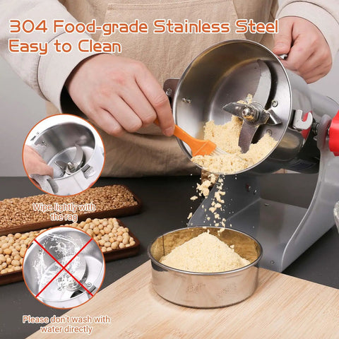 Electric Grain Mill Grinder 1800W High Speed Dry Grinding 800G Capacity 36000 RPM 304 Stainless Steel Body For Home And Pro Kitchens Grind Spices, Herbs, And Grains To 50 300 Mesh, showing grinding process with grains