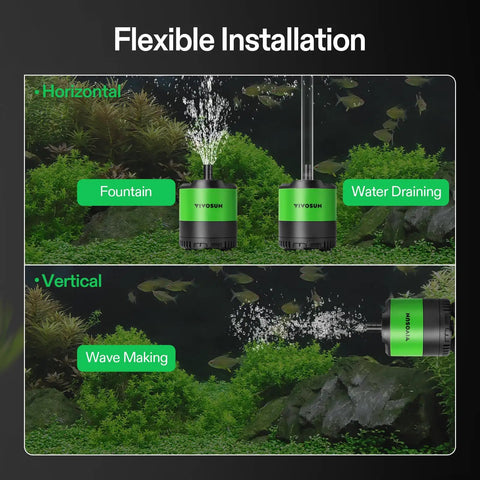Submersible Water Pump 210 GPH 10W with adjustable flow installation examples in fish tanks and fountains.