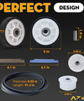 Drum Roller Kit With Drive Belt And Idler Pulley For Maytag Neptune 3000 Series parts dimensions displayed on black background