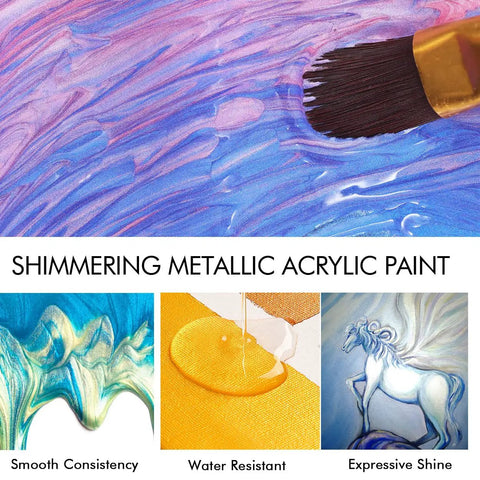 Brush painting with metallic acrylic, features smooth consistency, water resistance, and expressive shine for artistic use.