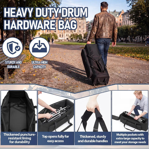 Badass 32 Inch Rolling Drum Hardware Duffle Bag With Smooth Wheels And Slamming Padding For Cymbal Stands Pedals Plus Side Pockets For Dope Gear Ready To Rock being pulled on a sidewalk.
