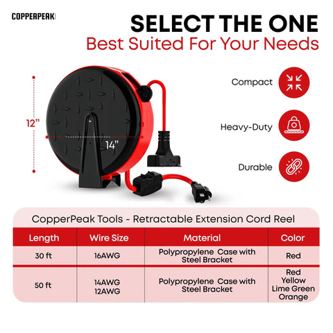 Retractable Extension Cord Reel with 30 Ft 16 AWG Cord, 3 Outlets, Red Black, for Garage and Shop, Swivel Mount, Easy Storage