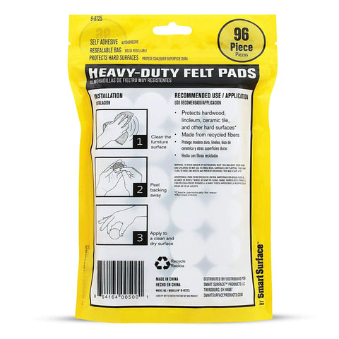 Back view of Heavy Duty Self Adhesive Furniture Felt Pads 1 Inch Round Oatmeal 96 Piece Value Pack in yellow resealable bag.