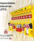 Lockout Tagout Station with LOTO Devices for OSHA Compliance, visible padlocks, hasps, safety tags, and polycarbonate board