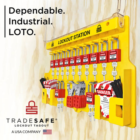 Lockout Tagout Station with LOTO Devices for OSHA Compliance, visible padlocks, hasps, safety tags, and polycarbonate board