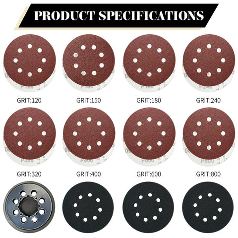Display of sanding discs in various grits from 120 to 800 for Five Inch Hook And Loop Sander Pad Replacement Kit With Three Foam Cushions And Forty Sanding Discs 120 150 180 240 320 400 600 800 Grit For DeWalt DWE6423 DWE6421 DCW210B Models.