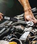 Three Eighth Inch Digital Torque Wrench With Buzzer And LED in use on car engine, Pro Grade Adjustable Torque Tool