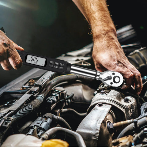 Three Eighth Inch Digital Torque Wrench With Buzzer And LED in use on car engine, Pro Grade Adjustable Torque Tool
