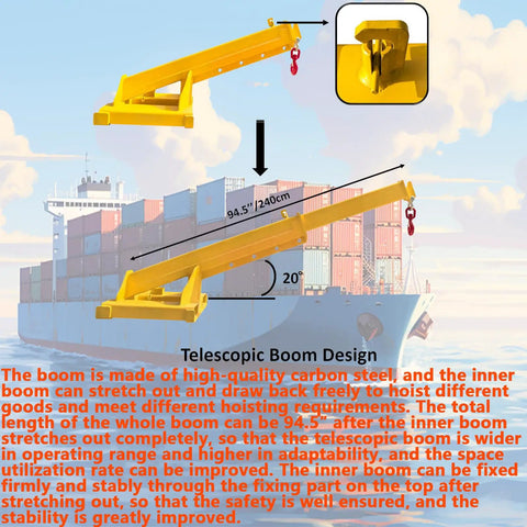 Heavy Duty Adjustable Forklift Telescopic Truss Jib Boom With Rock Solid Hella Strong Lifting Hook at full extension with 240cm length.