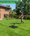Man using Beefy Heavy Duty Lawn Leveling Rake 17 By 10 Inch Stainless Steel Landscape Rake for Soil and Sand Leveling in backyard