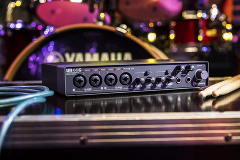 UR44C 6x4 USB 3.0 Audio Interface with D Pre Mic Preamps on recording studio table