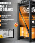 Heavy Duty Garage Shelving Units With 3044 Pound Capacity, showing side beams for stability and storage of heavy items.