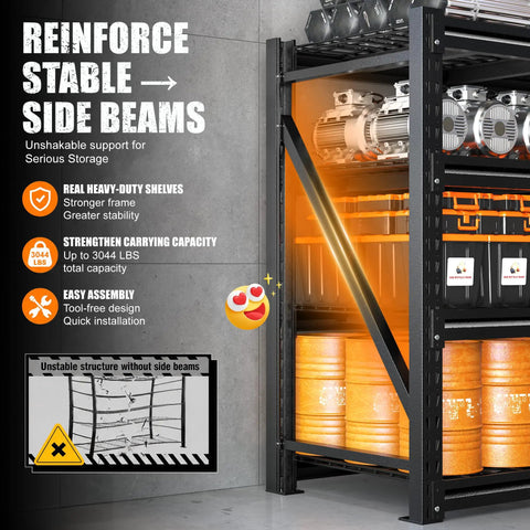 Heavy Duty Garage Shelving Units With 3044 Pound Capacity, showing side beams for stability and storage of heavy items.