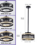 Industrial Caged Low Profile Ceiling Fan With Remote And Dimmable Three Color LED Lights pendant angle