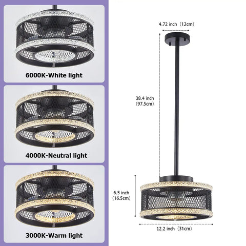 Industrial Caged Low Profile Ceiling Fan With Remote And Dimmable Three Color LED Lights pendant angle