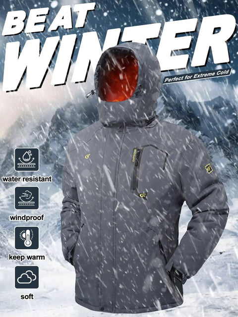Gray waterproof ski jacket in snowstorm with text overlay 'Be At Winter' featuring removable hood and multiple pockets.