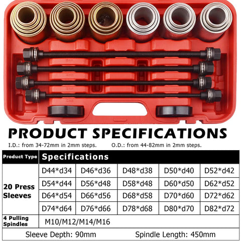 Universal Press And Pull Sleeve Tool Kit For Removing And Installing Bushings And Bearings, 20 Sleeves, 4 Spindles, Product Specifications