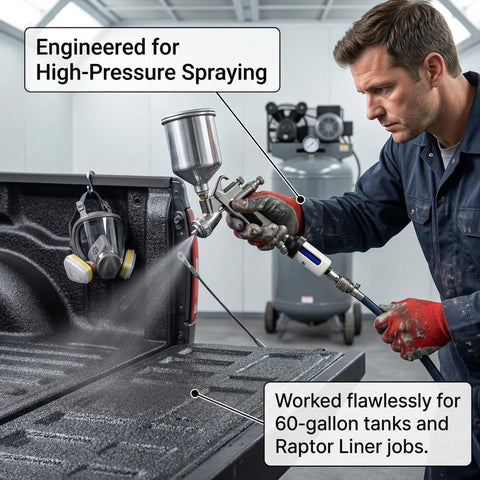 Man using air dryer for compressor with replaceable desiccant element and water separator for high-pressure spraying
