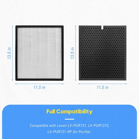 Replacement Filter Kit For LV-PUR131 Series Air Purifiers With True HEPA And Activated Carbon Filters Includes 2 HEPA Filters, 2 Carbon Filters, Pre-Filters Compatible With LV-PUR131S And LV-PUR131-RF shown with measurements