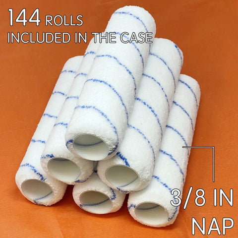 Top Shelf Microfiber Paint Roller Covers 9 Inch Shedless Lint Free Three Eight Nap, 144 rolls displayed on a surface.