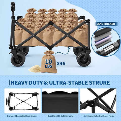 Foldable Utility Wagon Totes Heavy Haul Up To 460 Lbs With 280L Cargo Space loaded with 10 lb bags, all-terrain wheels visible