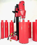 Front view of red BluRock Tools core drill with multiple red diamond core bits (1"–8") for wet concrete coring.