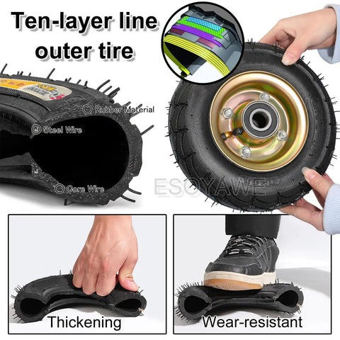 Heavy Duty Swivel Caster Set Of Four, 10 Inch Pneumatic Rubber Wheels With Hassle Free Parking Brake showing tire construction and features.