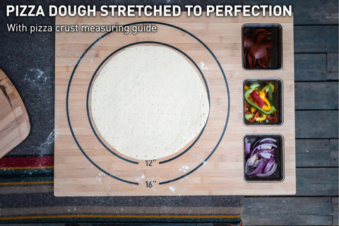 Large Bamboo Cutting Board With 3 Shatter Resistant Containers And Lids For Kitchen Prep, featuring pizza dough and toppings.