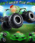 Monster Truck RC Car For Kids Waterproof 1to20 Scale Dinosaur Monster Trucks With 2 Batteries 2.4GHz All Terrain Remote Control Stunt Car 360 Degree Spins LED Lights Epic Birthday Gift For Ages 4 5 6 in action, showing big tires and LED lights under stadium lights.