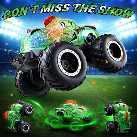Monster Truck RC Car For Kids Waterproof 1to20 Scale Dinosaur Monster Trucks With 2 Batteries 2.4GHz All Terrain Remote Control Stunt Car 360 Degree Spins LED Lights Epic Birthday Gift For Ages 4 5 6 in action, showing big tires and LED lights under stadium lights.