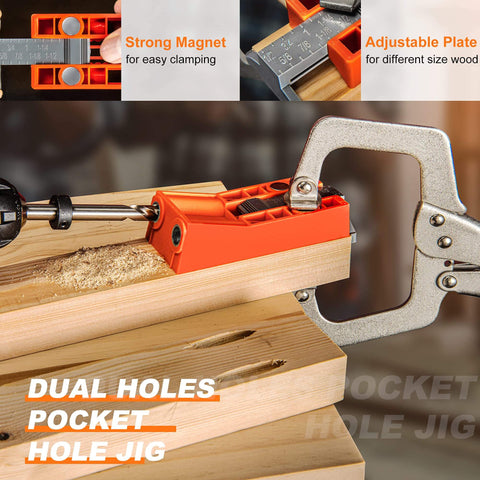 All In One Pocket Hole Jig Kit With 11 Inch Clamp Square Driver Bit Hex Wrench Depth Stop Collar Step Drill Bit Coarse Square Driver Screws Handy Portable Case for woodworking projects, installed view.