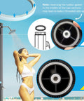 7Ft Outdoor Solar Heated Shower With 360 Degree Rotating Head, Foot Shower Faucet, Temperature And Pressure Control, Freestanding 9.2 Gallon Tank For Backyard Pool And Garden in use with close-up of gasket and controls.