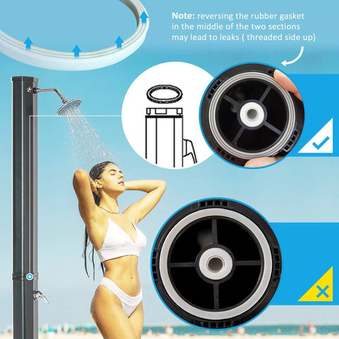 7Ft Outdoor Solar Heated Shower With 360 Degree Rotating Head, Foot Shower Faucet, Temperature And Pressure Control, Freestanding 9.2 Gallon Tank For Backyard Pool And Garden in use with close-up of gasket and controls.