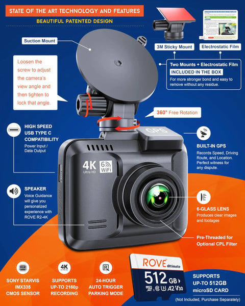 4K Dash Cam With WiFi 6 GPS For Clear Night Vision And WDR Ultra HD 2160P 150 Degree Wide Angle Two Point Four Inch IPS Screen