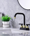 Two Handle Brushed Gold And Black Bathroom Faucet With Pop Up Drain 4 Inch Centerset 3 Hole Sink Faucet 360 Swivel Spout Includes Two