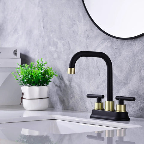 Two Handle Brushed Gold And Black Bathroom Faucet With Pop Up Drain 4 Inch Centerset 3 Hole Sink Faucet 360 Swivel Spout Includes Two