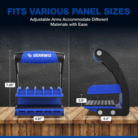 Panel Carrier Tool for 4x8 Sheets Up To 100 Lbs, blue with adjustable arms, ergonomic grip for plywood handling.