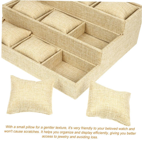 Top Linen Watch Tray With 9 Grids For Jewelry And Watch Storage displaying khaki linen with soft pillows for protection.