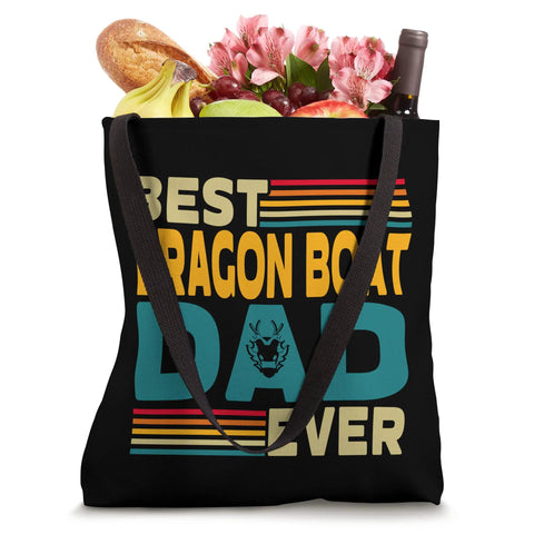 Dragon Boat Racing Tote Bag For Paddlers And Crew, displaying 'Best Dragon Boat Dad Ever' text, filled with groceries.
