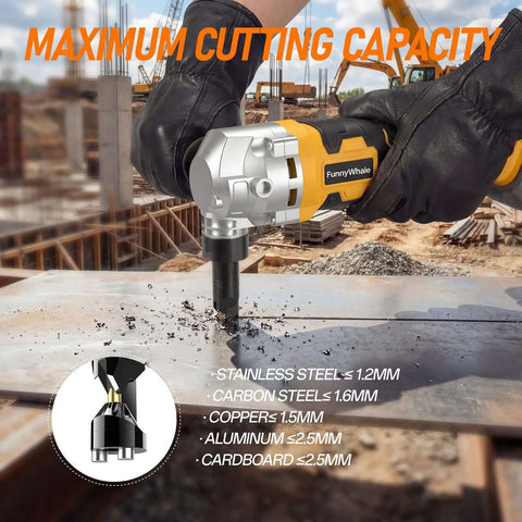 Cordless Metal Nibbler Powered By 20V Max Batteries in action cutting steel sheet at construction site
