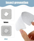 Heavy Duty Self Adhesive Mesh Window Screen Patches Quick Fix Kit showcased in before and after images for insect prevention.