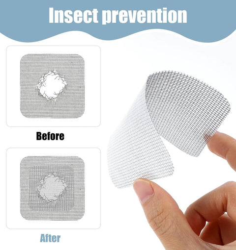 Heavy Duty Self Adhesive Mesh Window Screen Patches Quick Fix Kit showcased in before and after images for insect prevention.