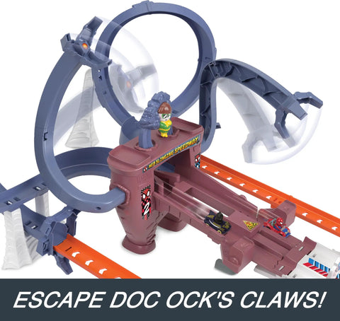 Hot Wheels RacerVerse Spider-Man Web-Slinging Speedway Track Set with looping track and Spider-Man figure.