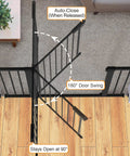 Auto Close Baby Gate For Stairs And Doorways With Easy Install Pressure Mounted Design Walk Through One Hand Operation Perfect For Pets And Little Ones In Black, top view showing 180-degree door swing and auto-close feature