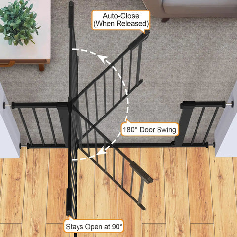 Auto Close Baby Gate For Stairs And Doorways With Easy Install Pressure Mounted Design Walk Through One Hand Operation Perfect For Pets And Little Ones In Black, top view showing 180-degree door swing and auto-close feature