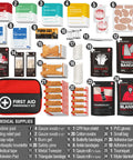 First aid emergency kit contents including bandages, gauze, and medical supplies in red pouch; part of 190 Piece Survival Gear And Medical Kit For Outdoor Adventures Camping Hiking And Vehicle Ready Emergency EMT IFAK MOLLE Pouch With Shovel Axe Hammer Knife Flashlight Paracord Compass Scissors Raincoat And Blanket