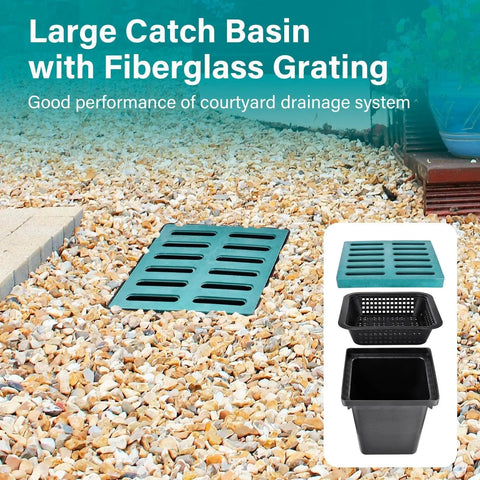 Heavy Duty Drain Catch Basin With Debris Basket And Fiberglass Grate For Yard Lawn Patio Gutter Downspout Outdoor Drainage Box