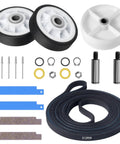 Complete Dryer Repair Kit With 100 Inch Drum Belt And Roller Bearings for Maytag LDG LDE, shown with parts