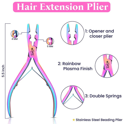 Micro Links Hair Extensions Kit With Stainless Steel Beads Closer And Remover Pliers, Pulling Hook, Bead Tool, Loop Needle, And Leather Pouch For Quick, No Fuss Feather And Hair Extensions, 5.5 inch rainbow plier