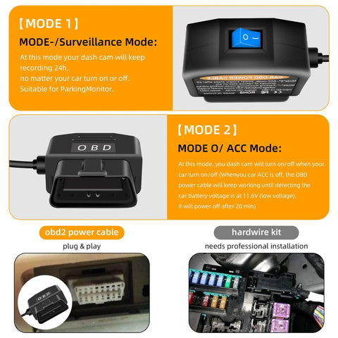 Straight USB C OBD Power Cable For Dash Cams, 11.5 Ft hardwire setup showing switch modes for surveillance and power.